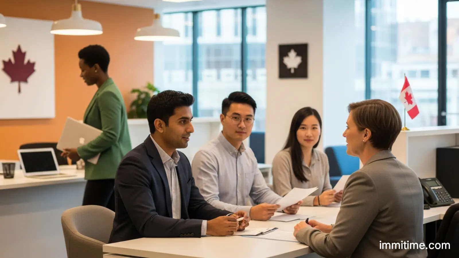 A diverse group of professionals collaborating in a modern Canadian office setting, symbolizing successful economic integration for newcomers.
