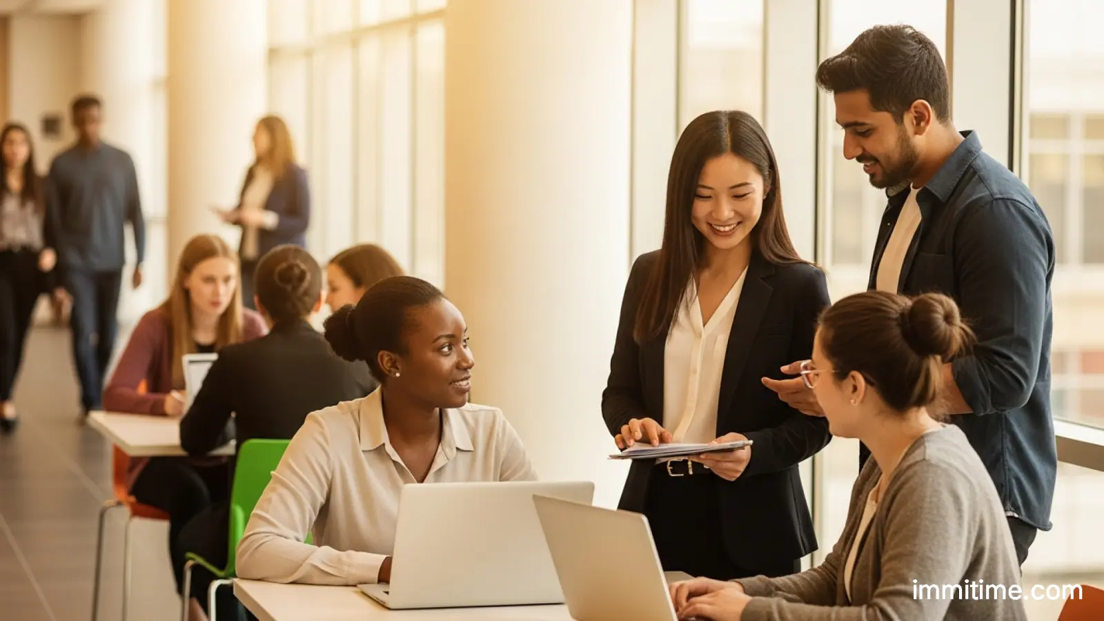 A diverse group of international students collaborating on a project in a modern university setting, symbolizing streamlined academic and work integration in Canada.