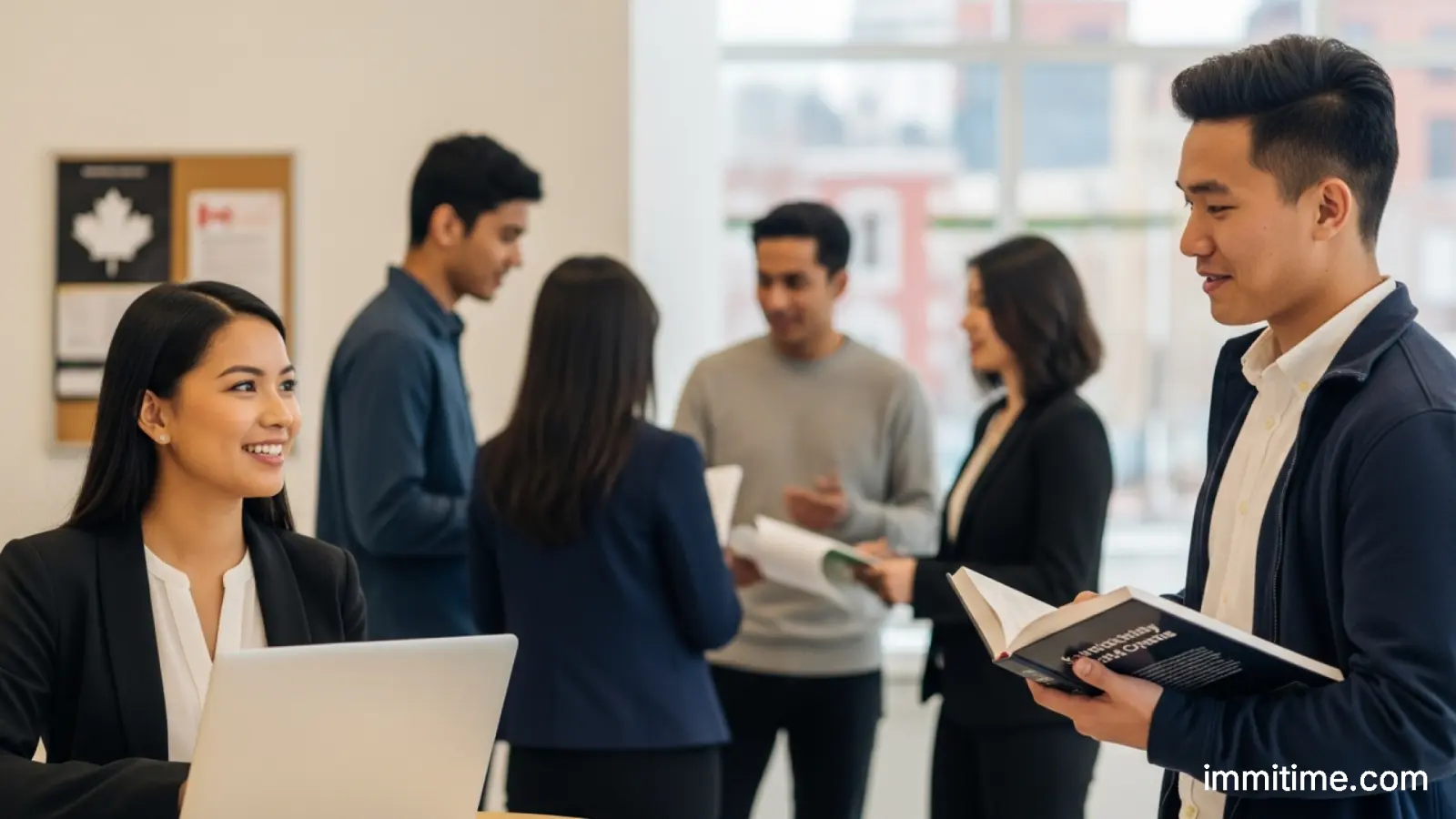 A diverse group of professionals collaborating in a modern office, symbolizing faster Canadian work permit processing for global talent.