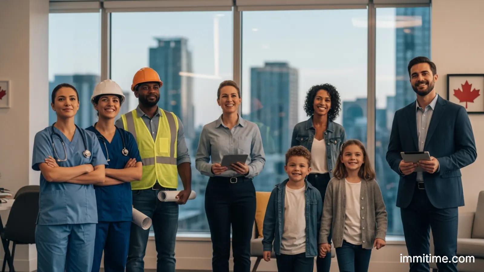 A diverse group of skilled workers in various uniforms standing in front of a scenic Canadian small-town landscape.