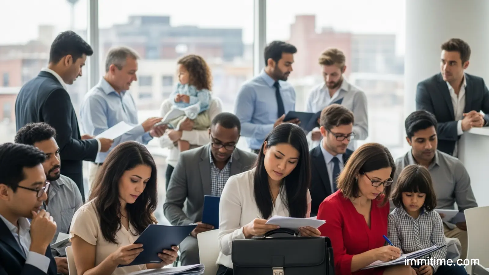A diverse group of professionals looking at a presentation screen with the WES logo, representing credential evaluation for Canadian employment.