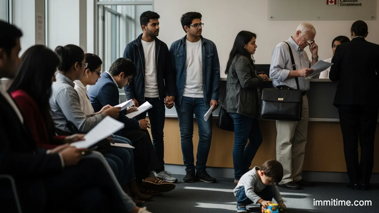 A diverse group of professionals working in a modern Canadian office, symbolizing the goal of work permit applicants.