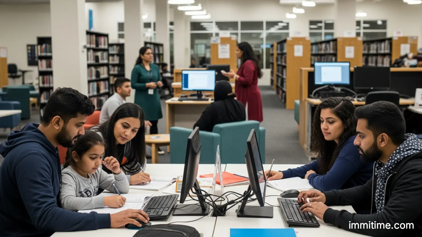 A diverse group of adults sit around a table in a bright library, engaged in a lively conversation circle to practice English.