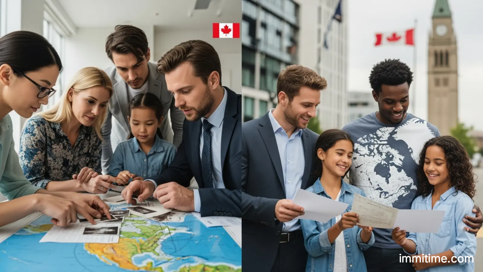 An intricate family tree illustration with Canadian and American flags, symbolizing the complex ancestral links required for citizenship by descent applications.