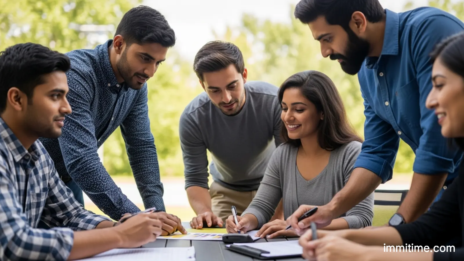 A diverse group of new Canadians collaborating on a business plan, symbolizing strategic planning and market research for newcomer entrepreneurs.