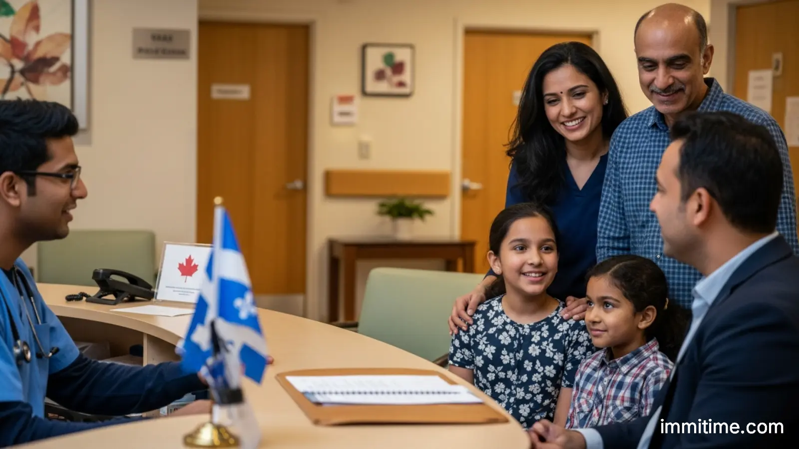A diverse group of healthcare professionals in scrubs and lab coats, representing the various medical fields supported by Canadian immigration policies.
