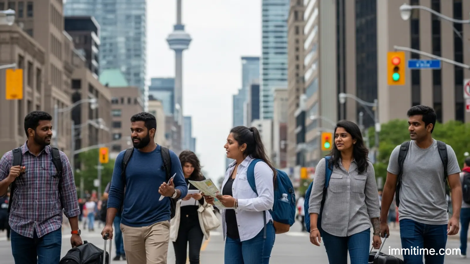 A diverse group of international students using mobile phones and laptops in a modern university setting, symbolizing connectivity and digital integration in Canada.