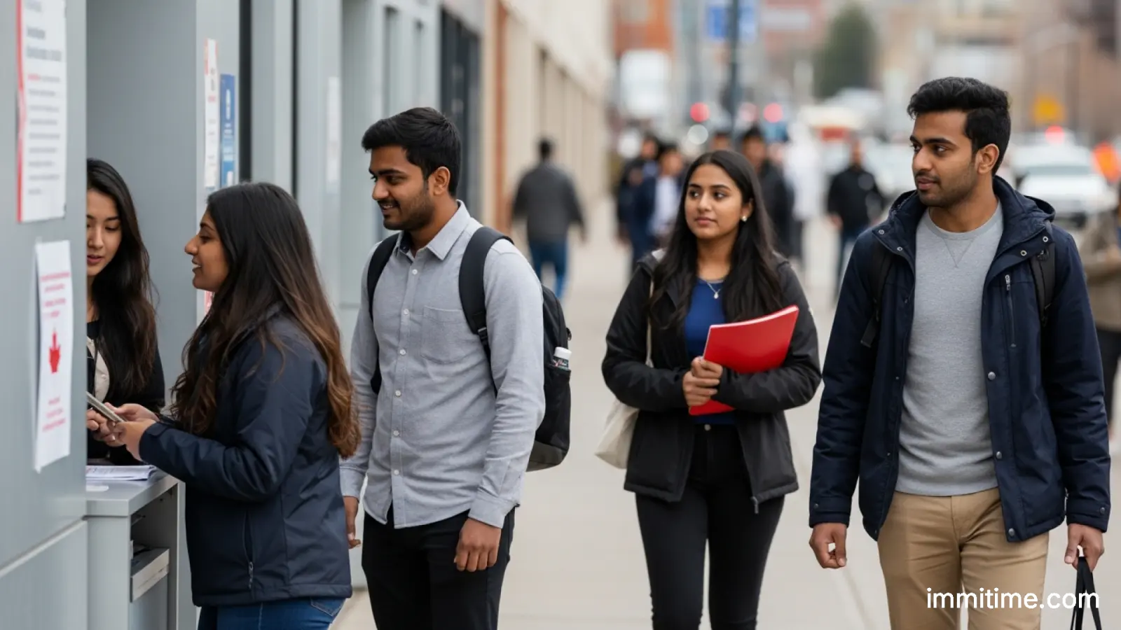A diverse group of international students collaborating and smiling in a modern university setting, symbolizing community and support in Calgary.