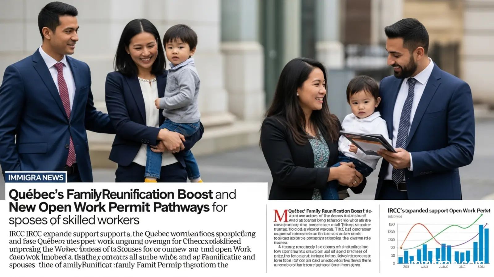 A diverse family, including a temporary foreign worker and their spouse, smiling and looking optimistic, representing family unity in Quebec.