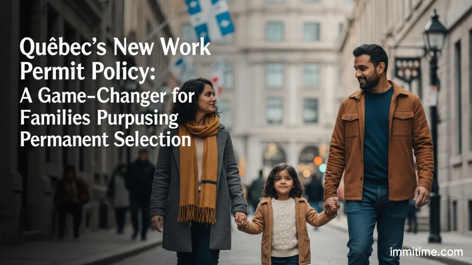A diverse family, including a couple and child, smiling together, symbolizing family reunification and stability under new immigration policies in Quebec.