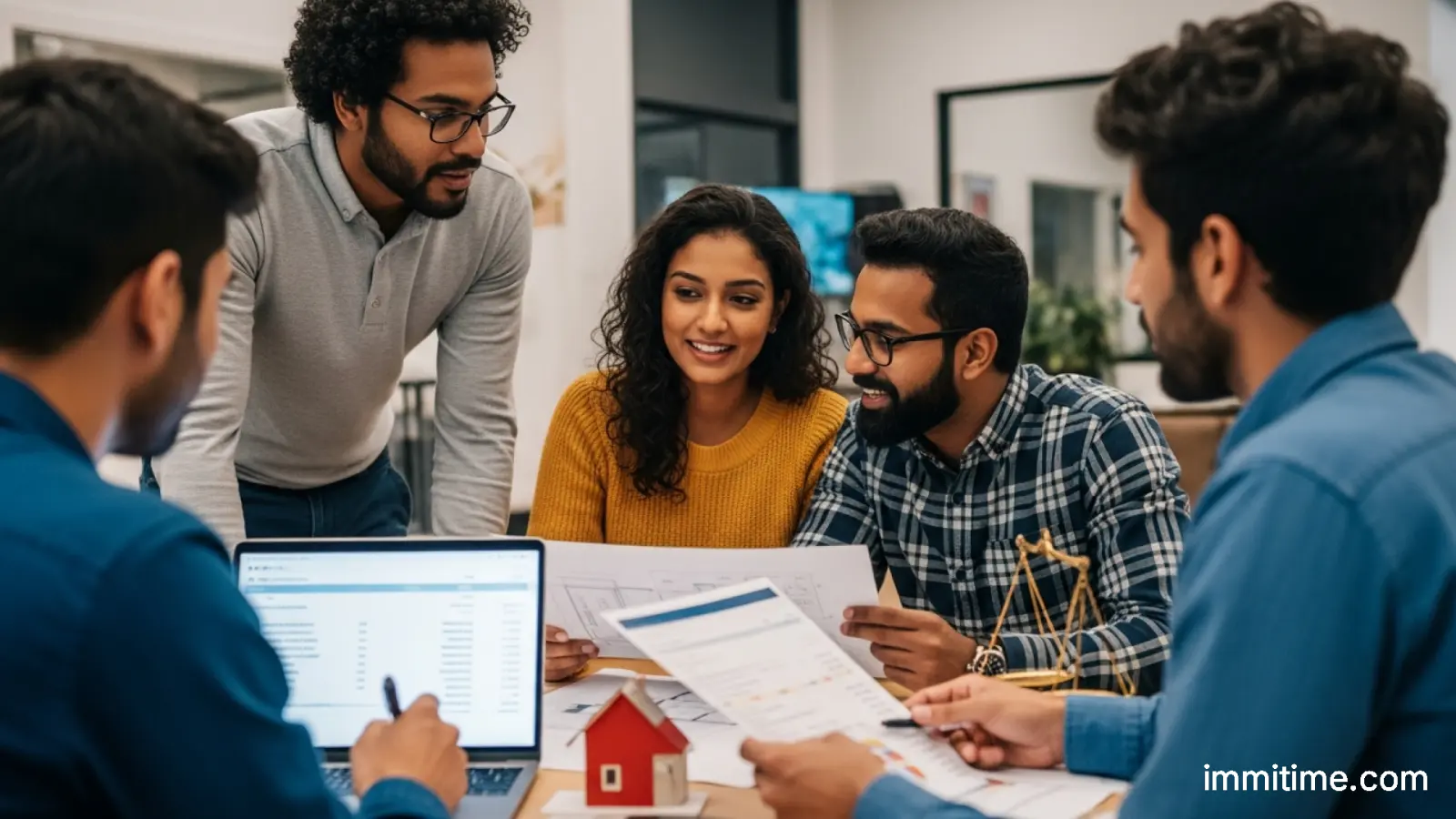 A diverse group of new immigrants in Canada discussing financial planning with a professional, symbolizing the support available for newcomers.