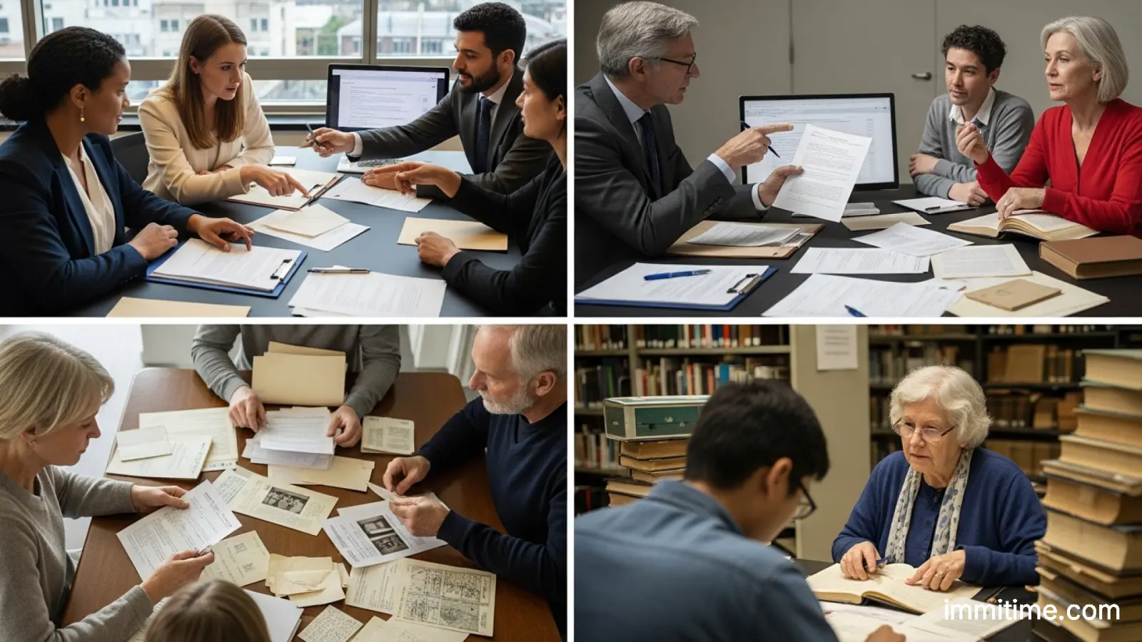 An individual researching family history on a computer, surrounded by old documents and maps, symbolizing the search for Canadian ancestors and proof of lineage.