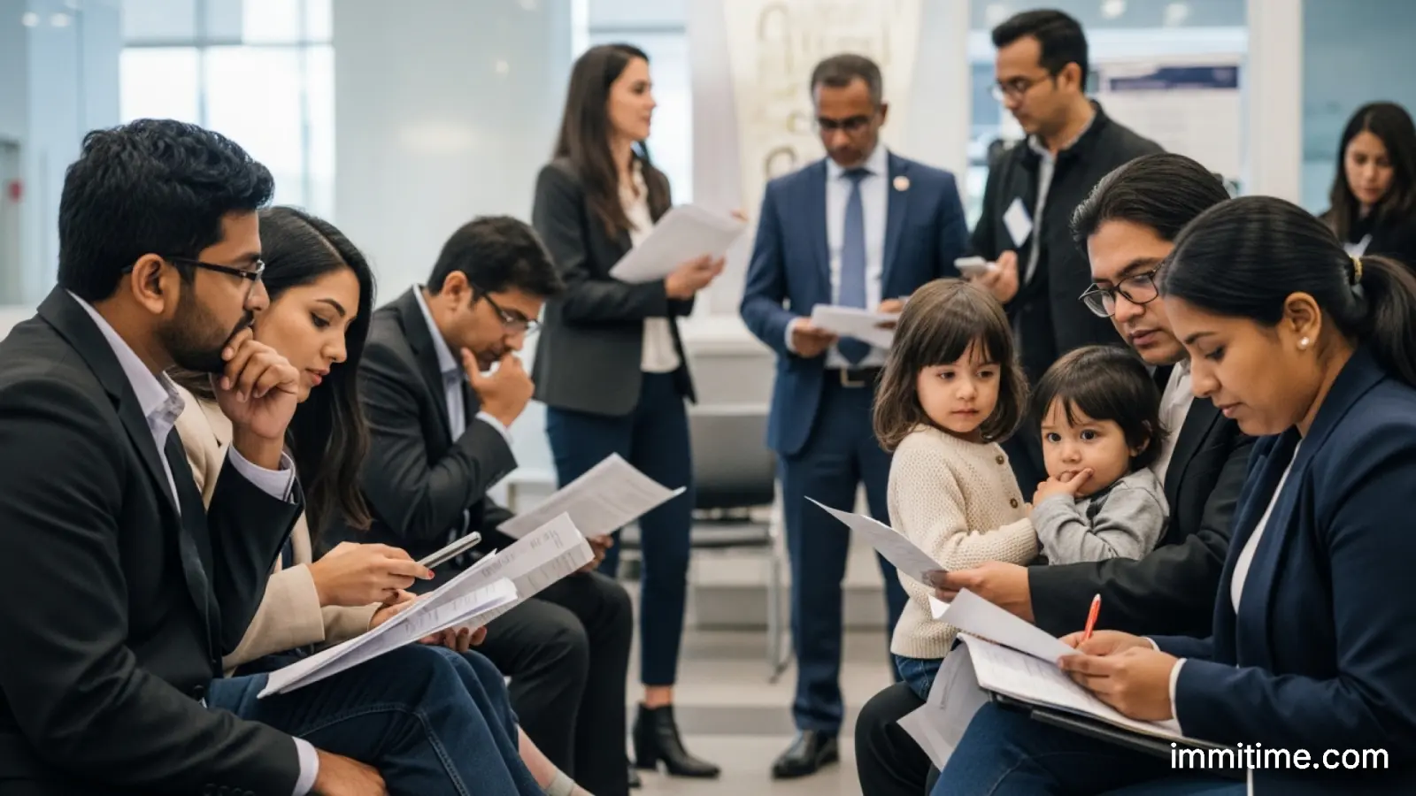 A person reviewing Canadian immigration documents and a laptop, symbolizing work permit application processing improvements.
