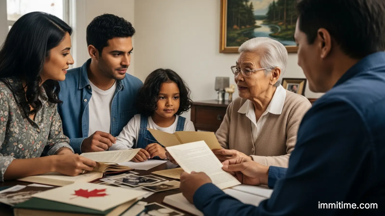 A family tree illustration showing four generations, highlighting the connection from a great-grandparent through to the current applicant for Canadian citizenship by descent.