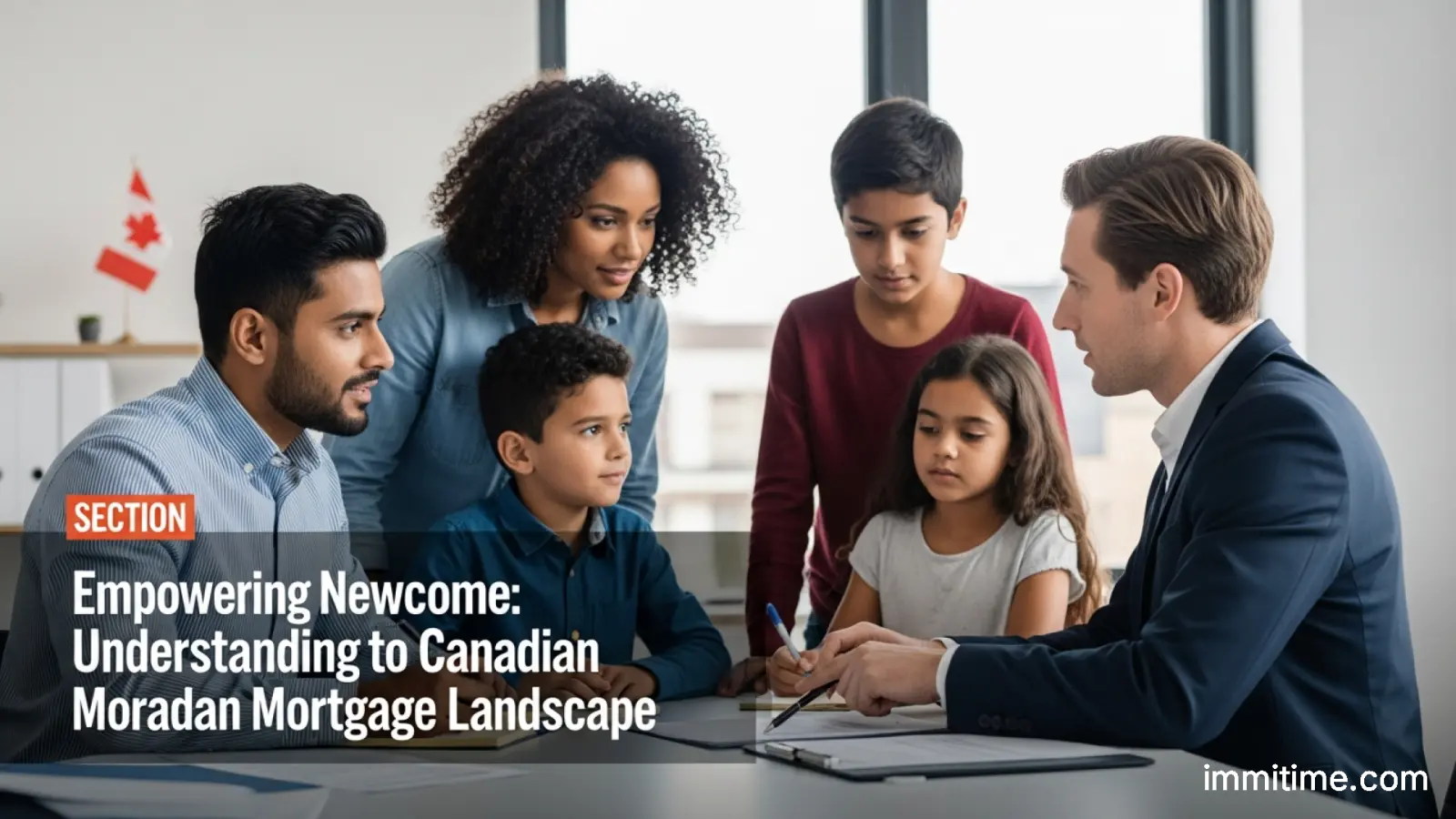 A diverse group of newcomers reviewing mortgage documents with a financial advisor, symbolizing the complexity of Canadian home financing.