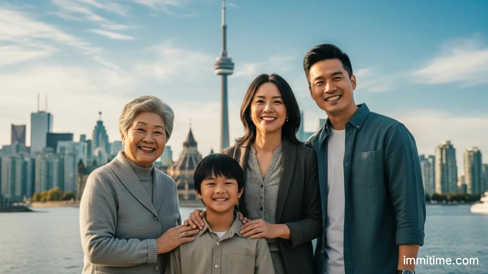 A diverse family of four smiling and holding a small Canadian flag, representing the successful outcome of Canada's family sponsorship program.