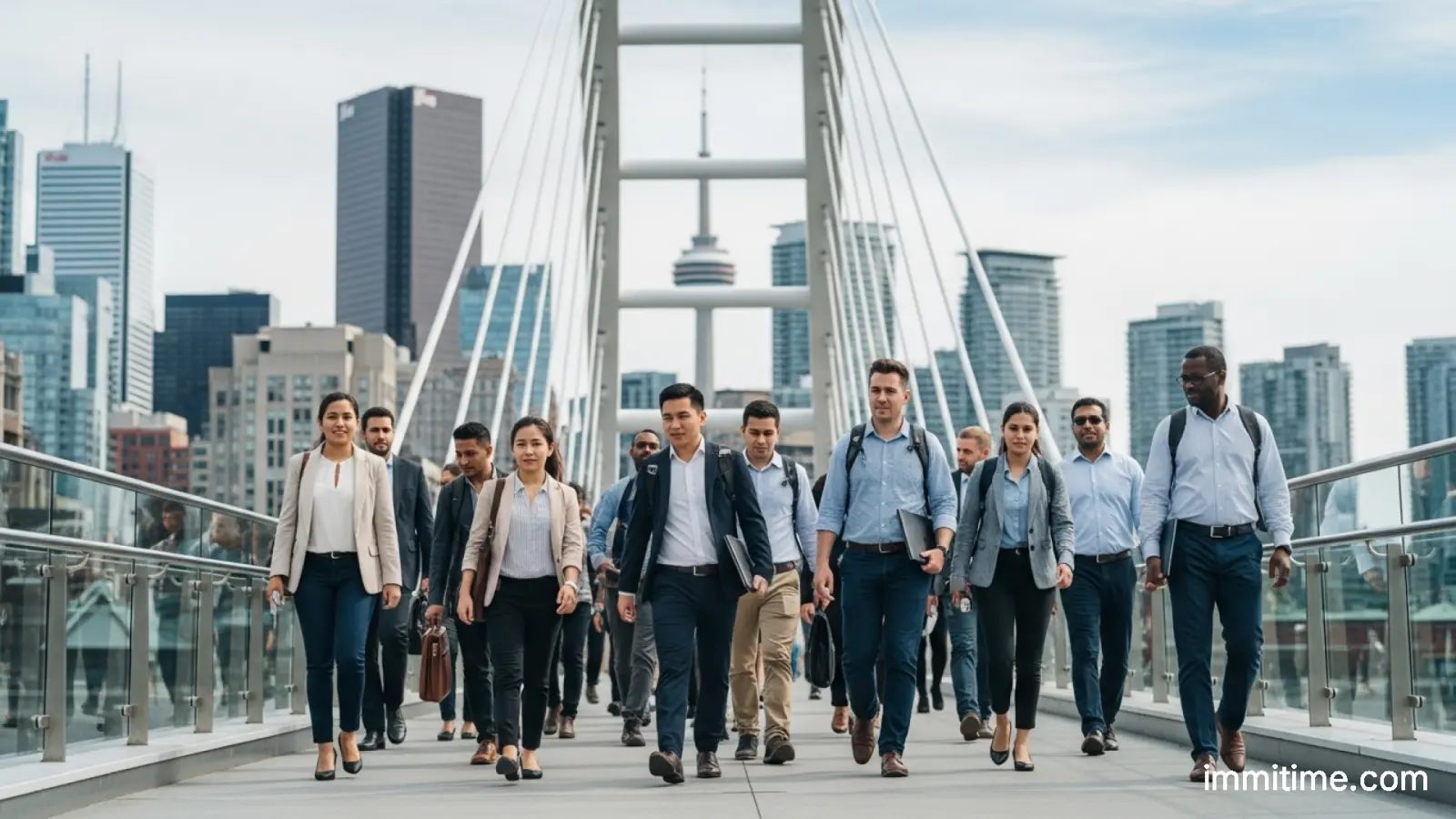 A diverse group of professionals, including a skilled tradesperson, a tech worker, and a graduate, looking at a map of Canada.