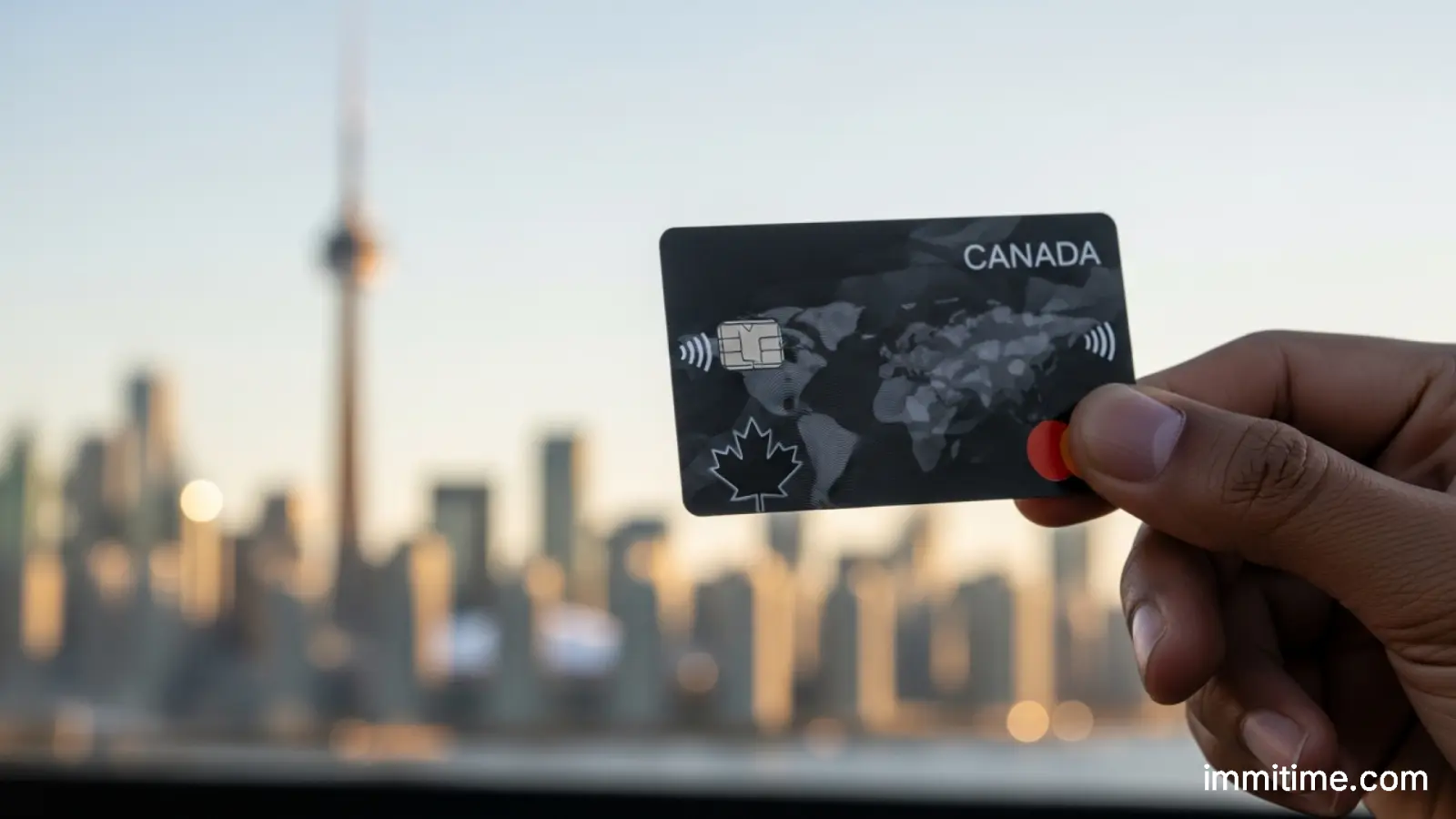A newcomer to Canada smiles while using a banking app on their smartphone to review their budget and credit card balance.