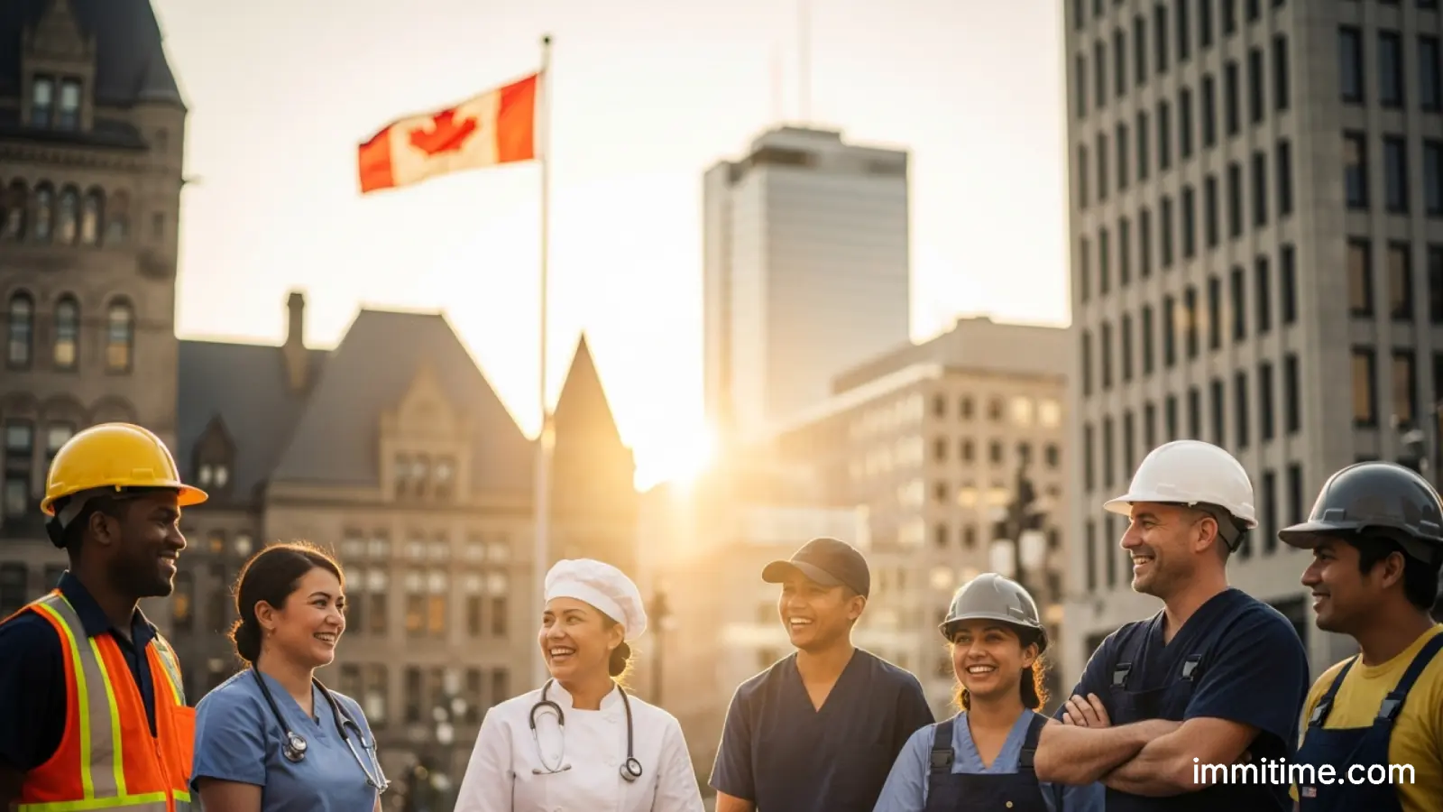 A scenic photograph of a picturesque small Canadian town with a main street, representing the rural communities targeted by the immigration push.