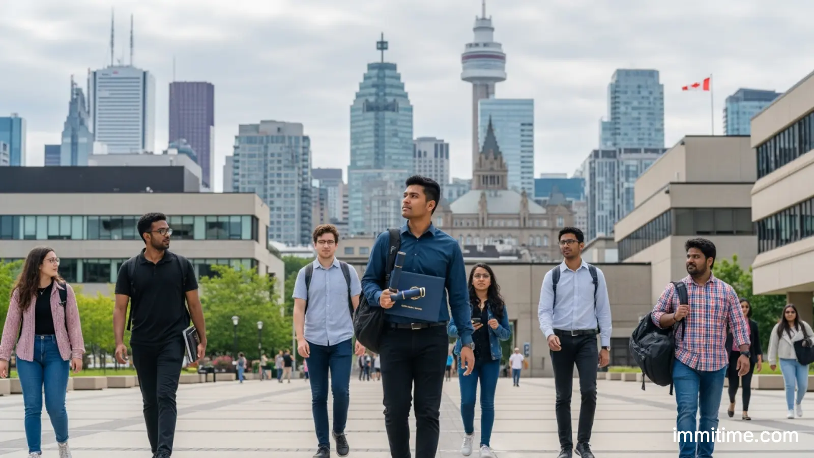 A diverse group of international students collaborating in a modern library at a Canadian university, symbolizing academic excellence and integration.
