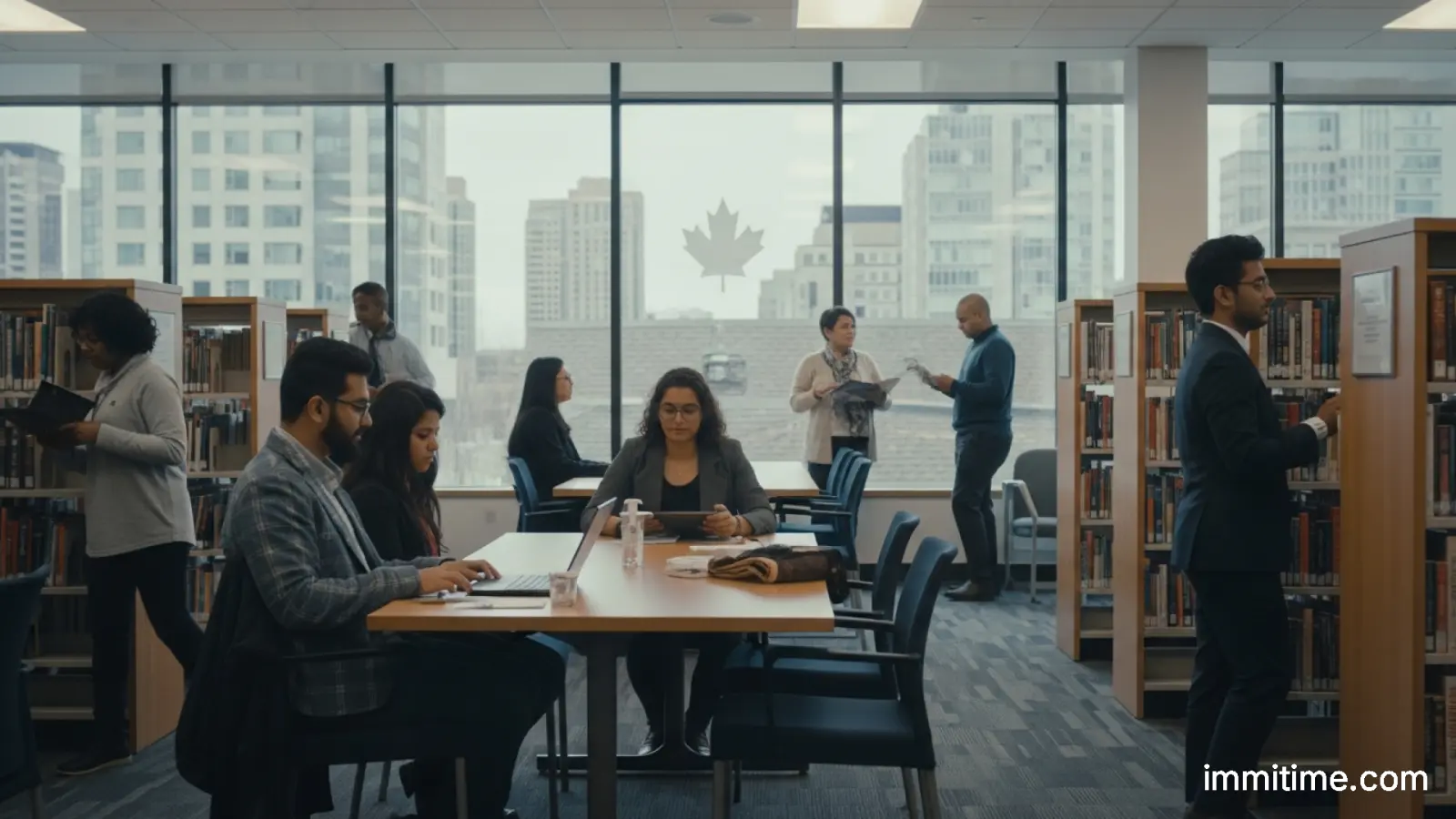 A newcomer sits at a library computer terminal, focused on editing their resume with guidance from a helpful librarian.