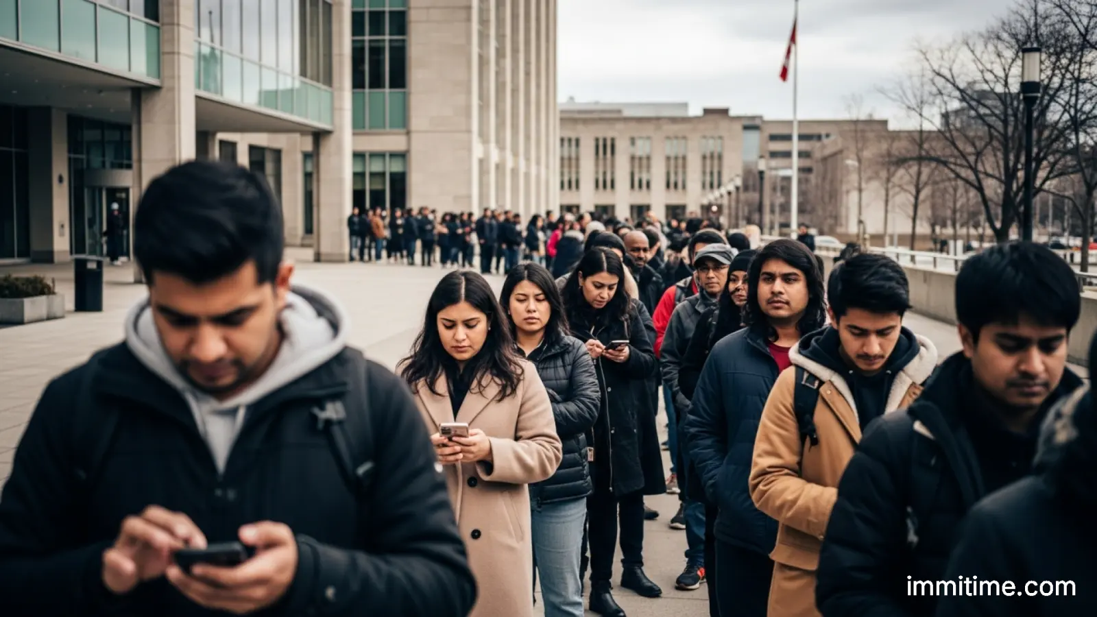 A diverse family looking at a laptop screen that shows a Canadian permanent residence application confirmation page.