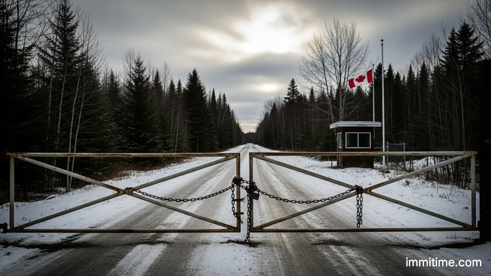 A generic photo of a 'Canada Border Services Agency' sign at a land crossing, with a car approaching a booth in the background.