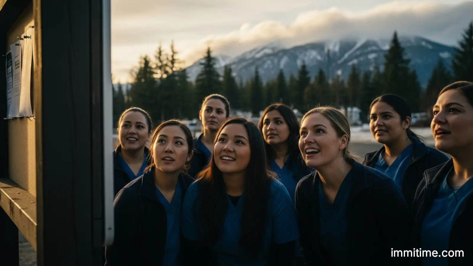 A diverse group of healthcare support workers, including cleaners and security guards, working diligently within a modern healthcare facility in a rural British Columbia setting.