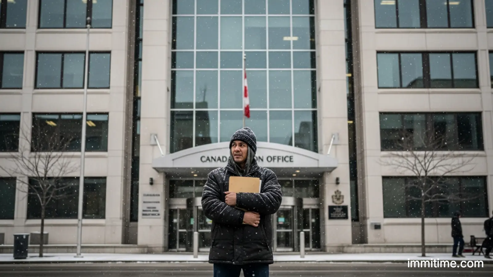 A temporary worker in Canada looking thoughtfully at a laptop screen showing the IRCC website, planning their immigration future.