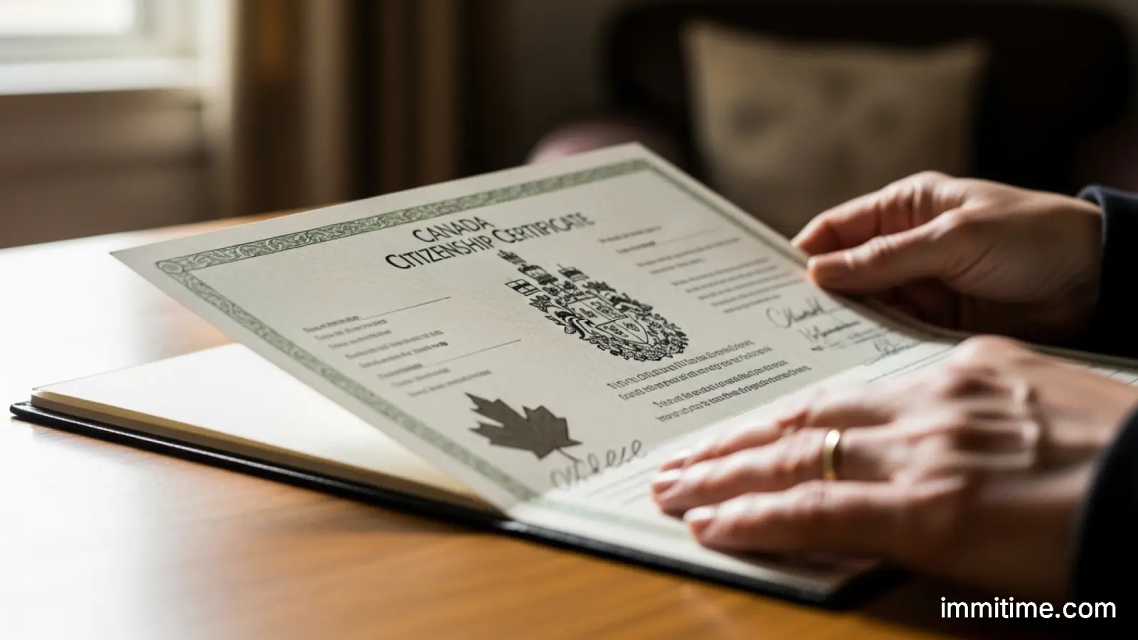 A split image showing the Canadian and American flags, with two passports in the middle, illustrating the concept of dual citizenship.