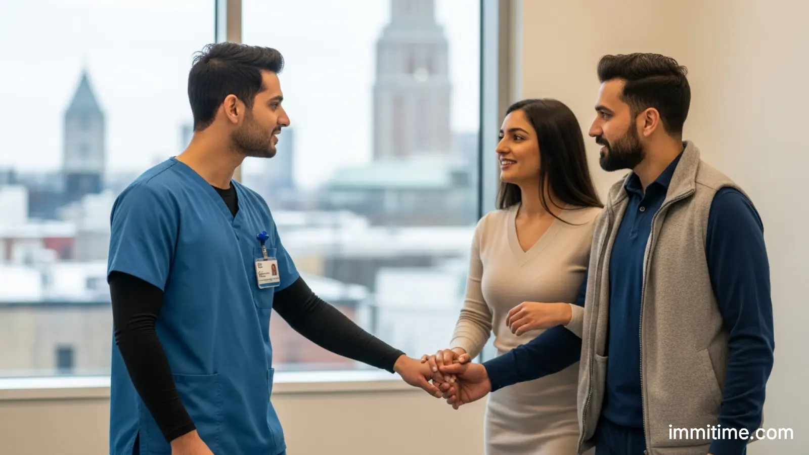 A family, including a healthcare worker in uniform and their spouse, smiling together, representing family reunification facilitated by the spousal open work permit exemption.