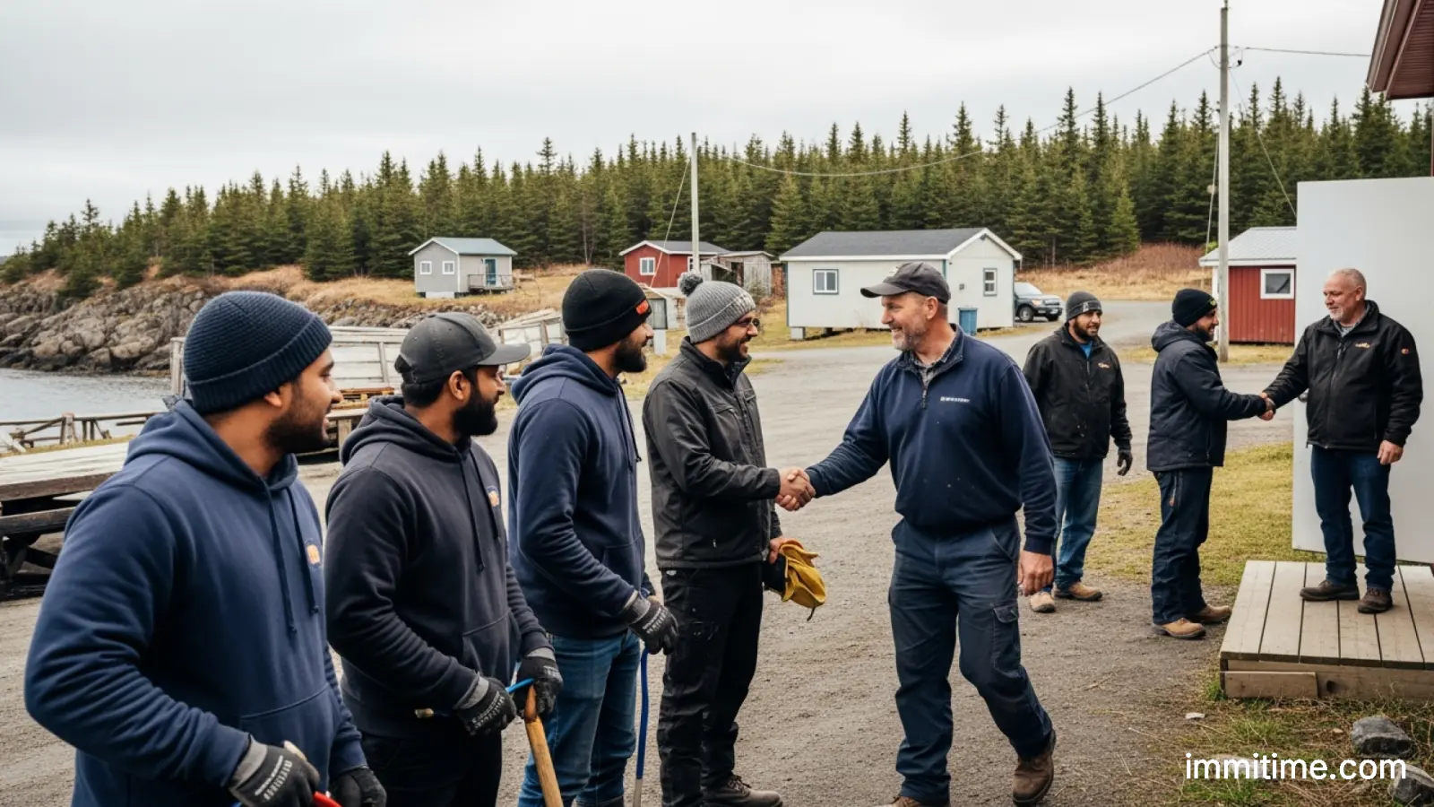 An immigration consultant explaining TFWP policy details to a rural employer in Newfoundland and Labrador, with documents and a laptop, emphasizing the importance of expert advice for navigating new work permit rules.