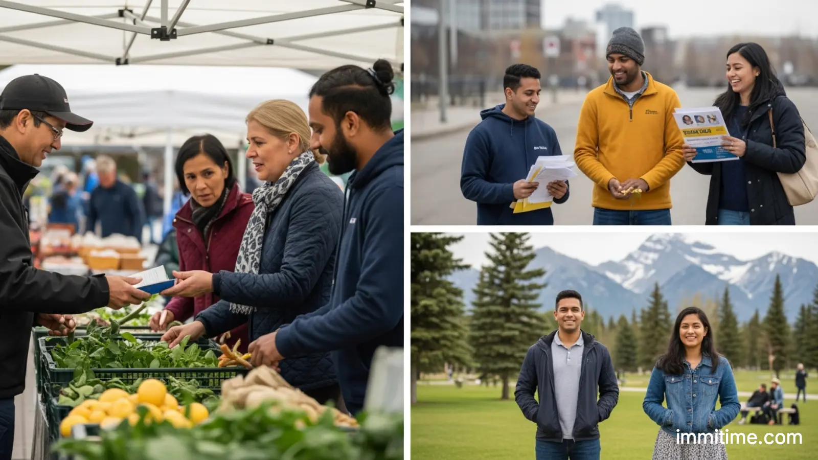 A diverse group of professionals and entrepreneurs collaborating in a modern office setting, symbolizing Alberta's economic growth and immigration goals.